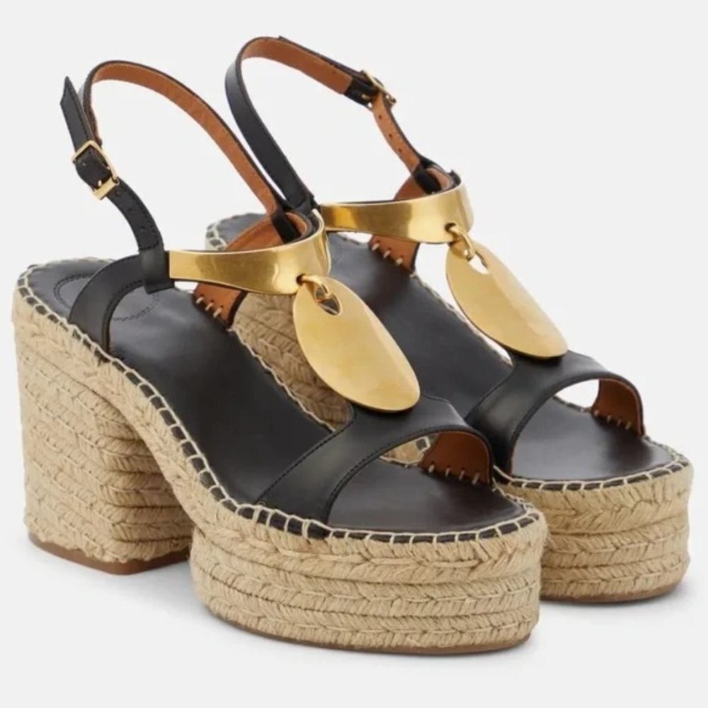 🌟 CHLOE Pema Black Leather Gold Medallion Espadrille Heeled Platform Sandals